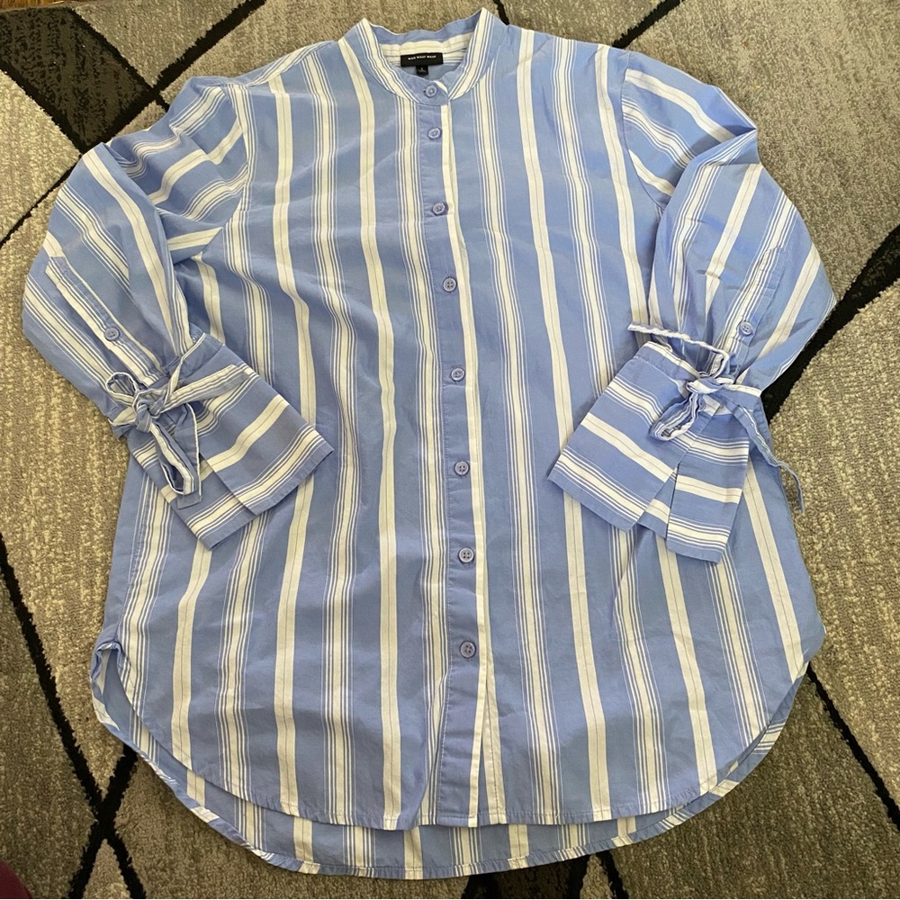 Who What Wear Blue and White Striped Button-Down Shirt